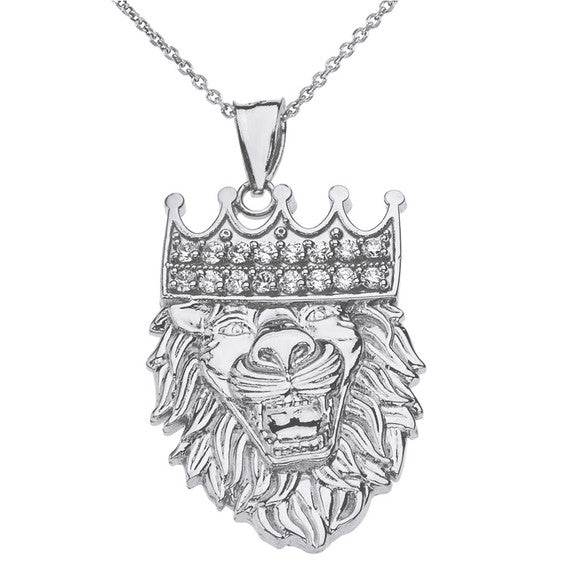 Solid Gold Double Sided Text Embossed Cubic Zirconia Lion King Pendant Necklace (Available In Yellow/Rose/White Gold)