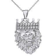 Solid Gold Double Sided Text Embossed Cubic Zirconia Lion King Pendant Necklace (Available In Yellow/Rose/White Gold)