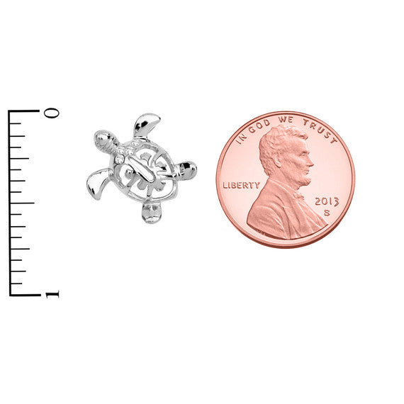 .925 Sterling Silver Diamond Hawaiian Honu Sea Turtle Hidden Bail Pendant Necklace