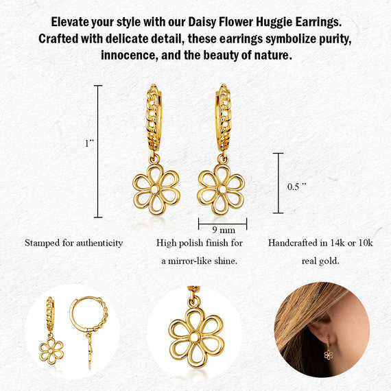 Yellow Gold Daisy Flower Cuban Link Huggie Hoop Earrings