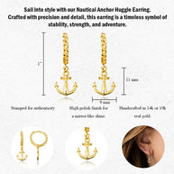 Yellow Gold Nautical Anchor Cuban Link Huggie Hoop Earrings