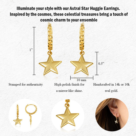Yellow Gold Star Cuban Link Huggie Hoop Earrings