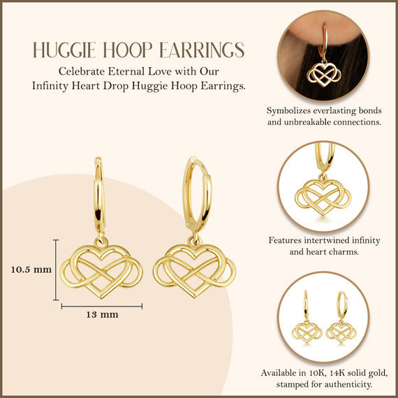 Yellow Gold Infinity Heart Drop Huggie Hoop Earrings