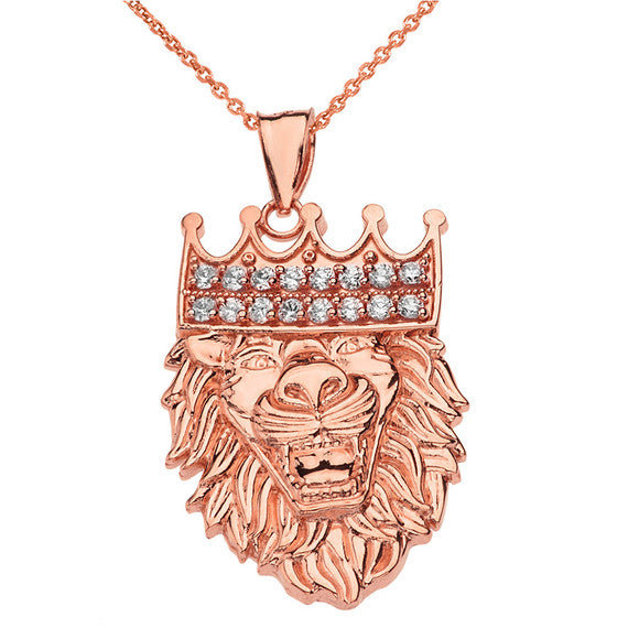 Solid Gold Double Sided Text Embossed Cubic Zirconia Lion King Pendant Necklace (Available In Yellow/Rose/White Gold)