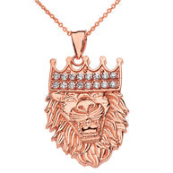 Solid Gold Double Sided Text Embossed Cubic Zirconia Lion King Pendant Necklace (Available In Yellow/Rose/White Gold)