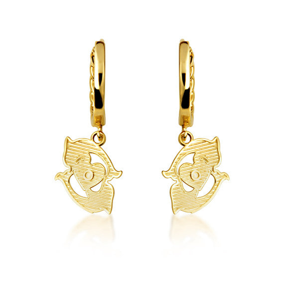 Yellow Gold Dolphin Heart Cuban Link Huggie Hoop Earrings