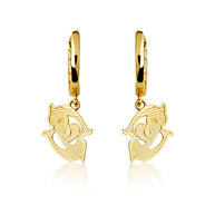 Yellow Gold Dolphin Heart Cuban Link Huggie Hoop Earrings