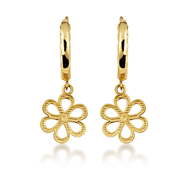 Yellow Gold Daisy Flower Cuban Link Huggie Hoop Earrings