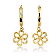 Yellow Gold Daisy Flower Cuban Link Huggie Hoop Earrings