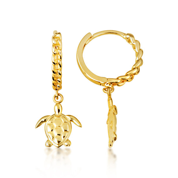 Yellow Gold Marine Sea Turtle Cuban Link Huggie Hoop Earrings