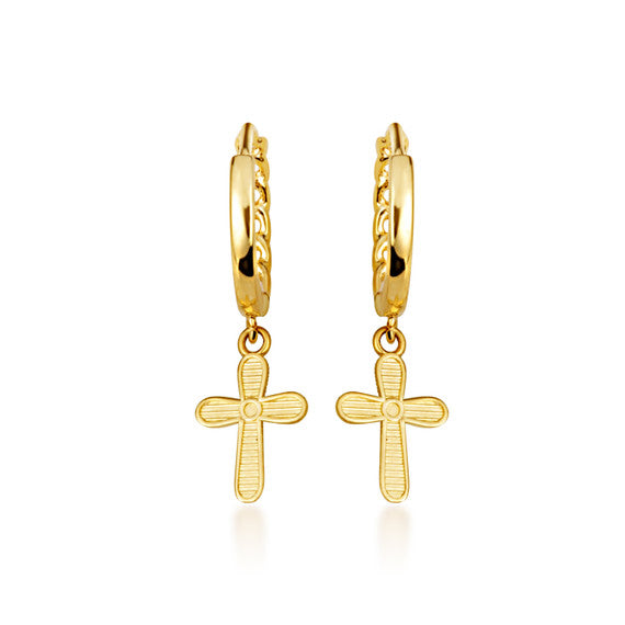 Yellow Gold Cross Crucifix Jesus Christ Milgrain Cuban Link Huggie Hoop Earrings