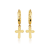 Yellow Gold Cross Crucifix Jesus Christ Milgrain Cuban Link Huggie Hoop Earrings