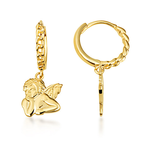 Yellow Gold Cherub Angel Cuban Link Huggie Hoop Earrings