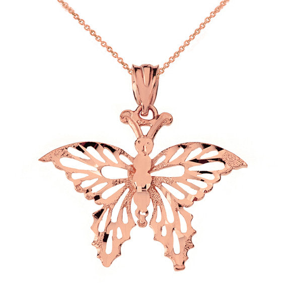 Solid Gold Filigree Diamond Cut Butterfly Pendant Necklace(Available in Yellow/Rose/White)