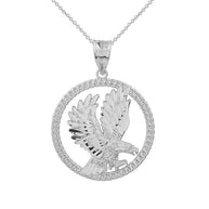 Solid Gold Rope Frame Diamond Cut American Eagle Circle Pendant Necklace (Available In Yellow/Rose/White/Two Tone Gold Gold)