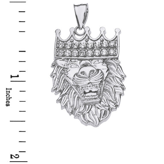 Sterling Silver Double Sided Text Embossed Cubic Zirconia Lion King Pendant Necklace