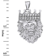 Sterling Silver Double Sided Text Embossed Cubic Zirconia Lion King Pendant Necklace