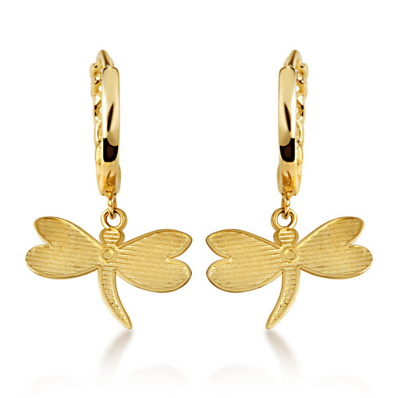 Yellow Gold Dragonfly Nature Cuban Link Huggie Hoop Earrings