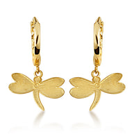 Yellow Gold Dragonfly Nature Cuban Link Huggie Hoop Earrings