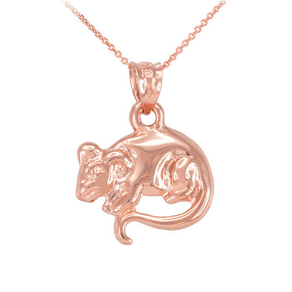 Polished Gold Rat Mouse Charm Necklace (Available in Yellow/Rose/White Gold)