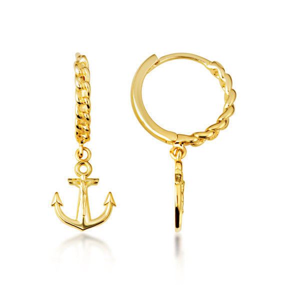 Yellow Gold Nautical Anchor Cuban Link Huggie Hoop Earrings
