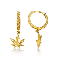 Yellow Gold Marijuana Leaf Cannabis Cuban Link Huggie Hoop Earrings