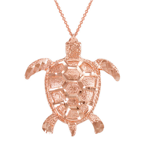 Gold Textured Style Sea Turtle Pendant Necklace (Available in Yellow/Rose/White Gold)