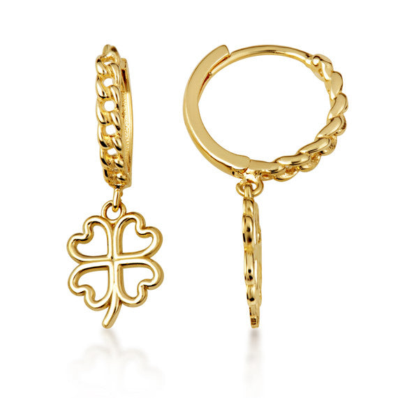 Yellow Gold 4 Leaf Clover Lucky Cuban Link Huggie Hoop Earrings