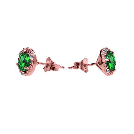 10k Halo Stud Earrings in Gold with Solitaire Lab Created Emerald and Diamonds(Available in Yellow/Rose/White Gold)