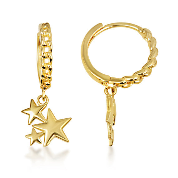 Yellow Gold Star Cluster Cuban Link Huggie Hoop Earrings