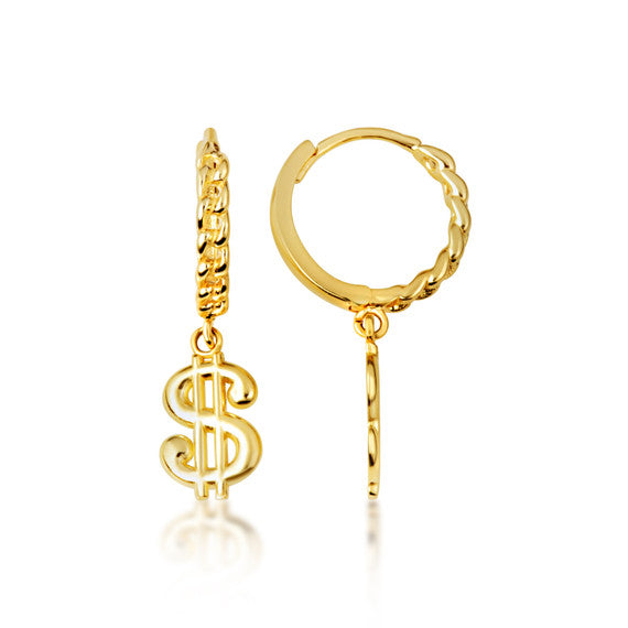 Yellow Gold Dollar Sign Cuban Link Huggie Hoop Earrings