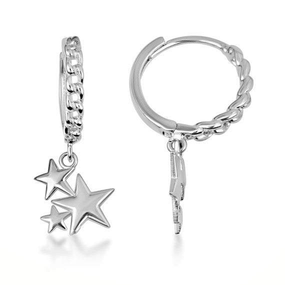 .925 Sterling Silver Star Cluster Cuban Link Huggie Hoop Earrings
