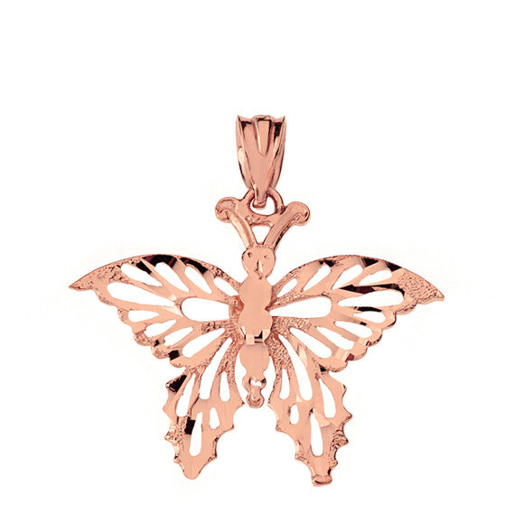 Solid Gold Filigree Diamond Cut Butterfly Pendant Necklace(Available in Yellow/Rose/White)