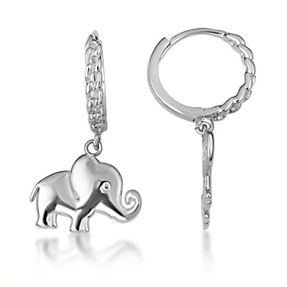.925 Sterling Silver Elephant Wildlife Cuban Link Huggie Hoop Earrings