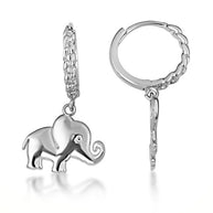 .925 Sterling Silver Elephant Wildlife Cuban Link Huggie Hoop Earrings