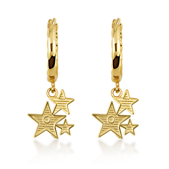 Yellow Gold Star Cluster Cuban Link Huggie Hoop Earrings
