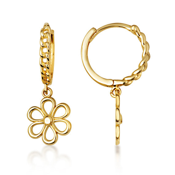 Yellow Gold Daisy Flower Cuban Link Huggie Hoop Earrings