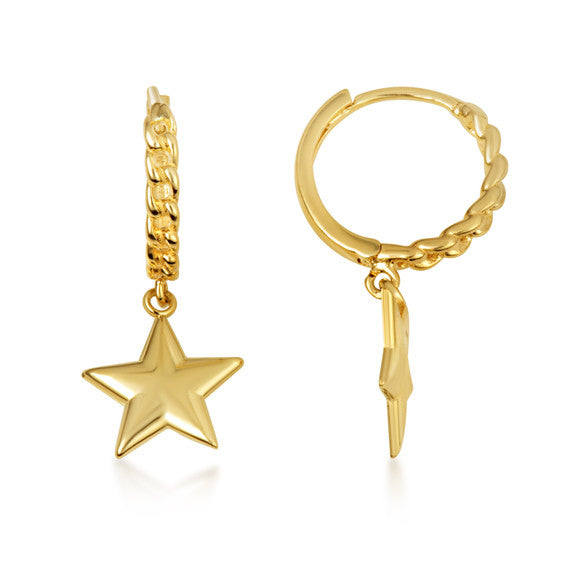 Yellow Gold Star Cuban Link Huggie Hoop Earrings