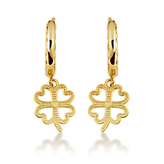 Yellow Gold 4 Leaf Clover Lucky Cuban Link Huggie Hoop Earrings