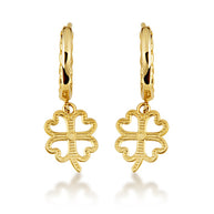 Yellow Gold 4 Leaf Clover Lucky Cuban Link Huggie Hoop Earrings