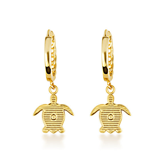 Yellow Gold Marine Sea Turtle Cuban Link Huggie Hoop Earrings