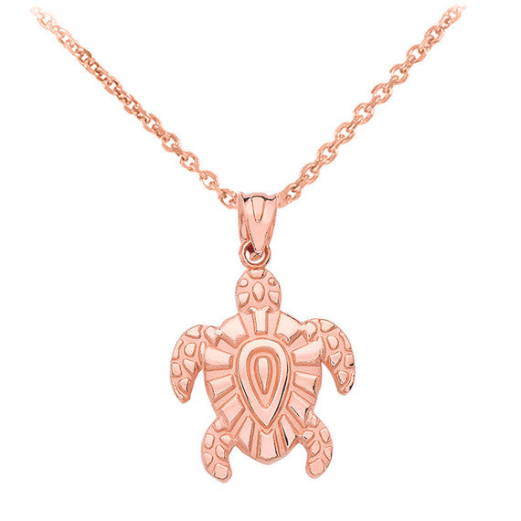 Gold Tribal Hawaiian Turtle Pendant Necklace (Available in Yellow/Rose/White Gold)