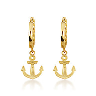 Yellow Gold Nautical Anchor Cuban Link Huggie Hoop Earrings