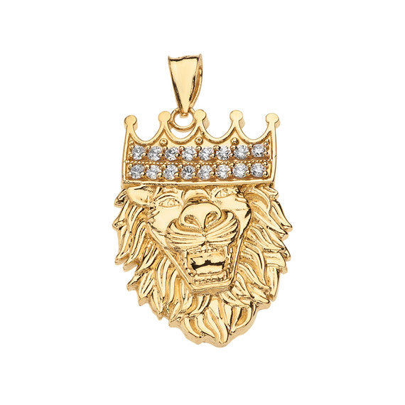 Solid Gold Double Sided Text Embossed Cubic Zirconia Lion King Pendant Necklace (Available In Yellow/Rose/White Gold)