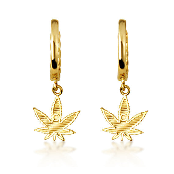 Yellow Gold Marijuana Leaf Cannabis Cuban Link Huggie Hoop Earrings