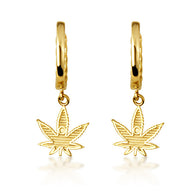 Yellow Gold Marijuana Leaf Cannabis Cuban Link Huggie Hoop Earrings