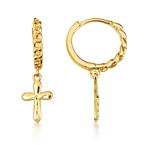 Yellow Gold Cross Crucifix Jesus Christ Milgrain Cuban Link Huggie Hoop Earrings