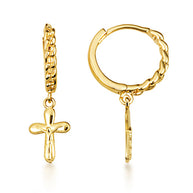 Yellow Gold Cross Crucifix Jesus Christ Milgrain Cuban Link Huggie Hoop Earrings