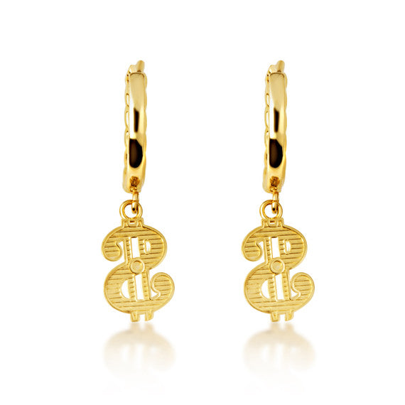 Yellow Gold Dollar Sign Cuban Link Huggie Hoop Earrings