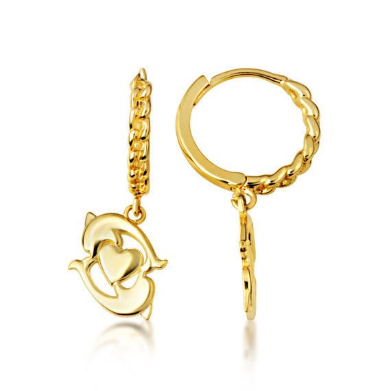 Yellow Gold Dolphin Heart Cuban Link Huggie Hoop Earrings